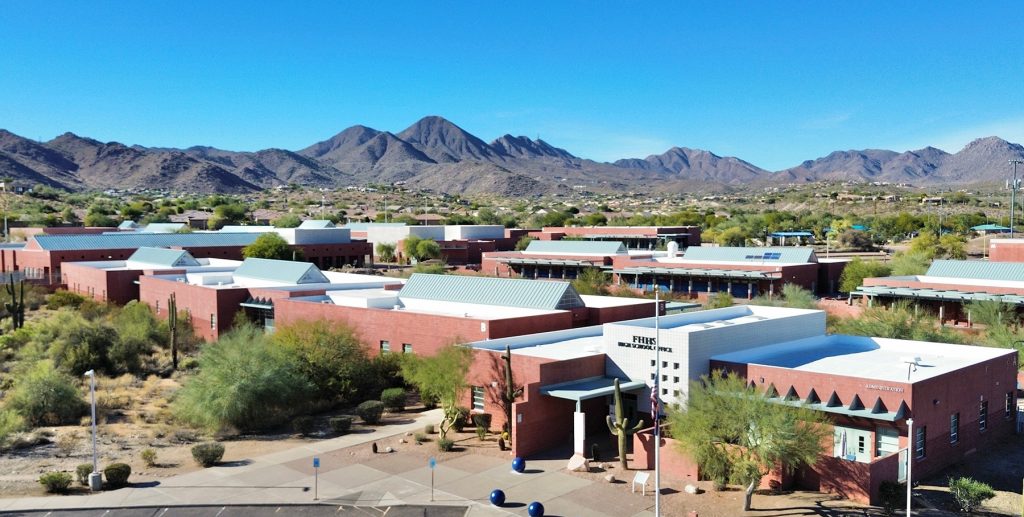 Arial view of Fountain Hills High School campus surrounded by scenic landscapes.