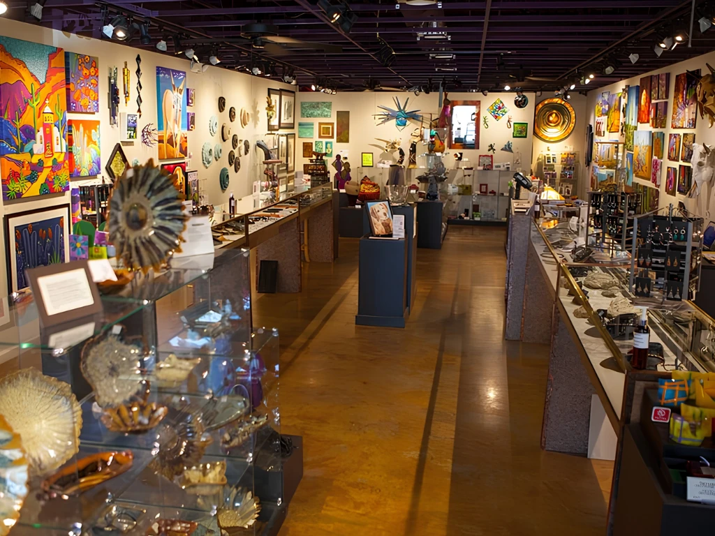 Interior of a colorful art gallery with paintings on walls, glass display cases, and sculptures along a wood floor path.