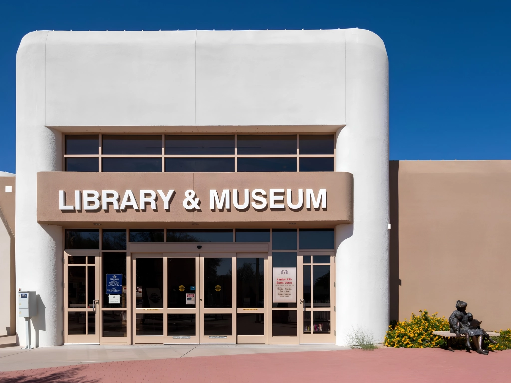 Library and museum entrance with glass doors and a prominent LIBRARY & MUSEUM sign on a tan facade.